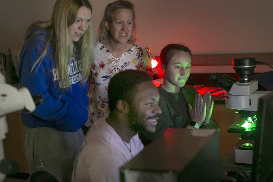 Students and a faculty member use florescent microscopes.