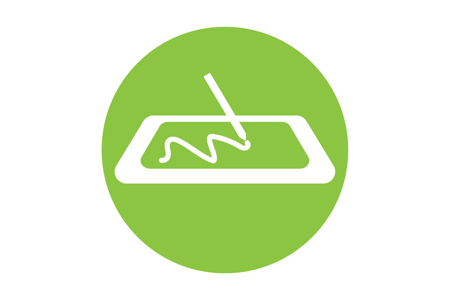 Icon of a stylus writing on a tablet.