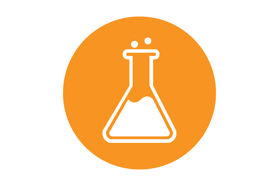 Icon of a beaker on an orange background.